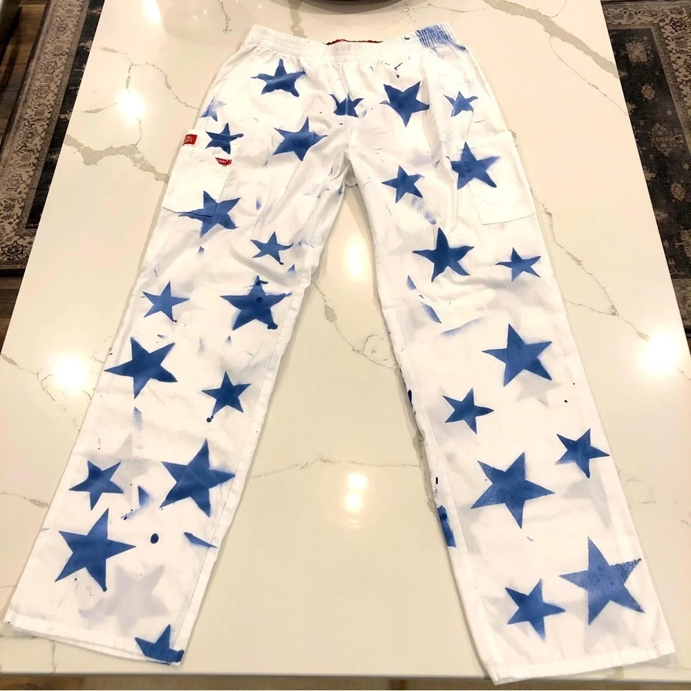 Dickies White Straight Leg Pants with Blue Star Print - Picture 1 of 12